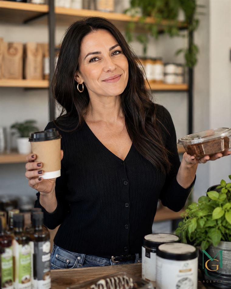 Créatrice présentant des produits alimentaires en boutique.