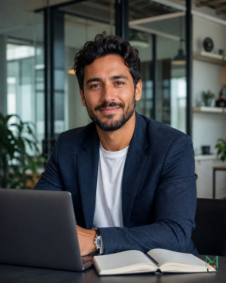 Créateur en tenue professionnelle devant un ordinateur portable.