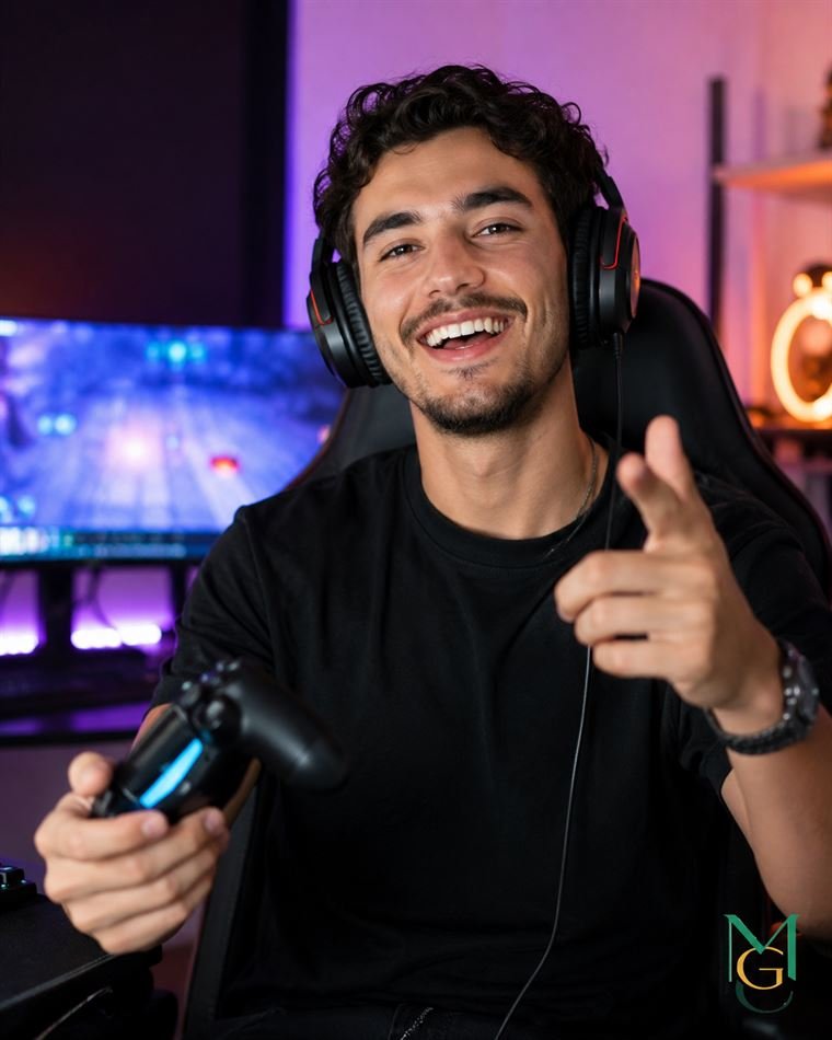 Créateur casque sur les oreilles, manette en main, devant un écran de jeu.